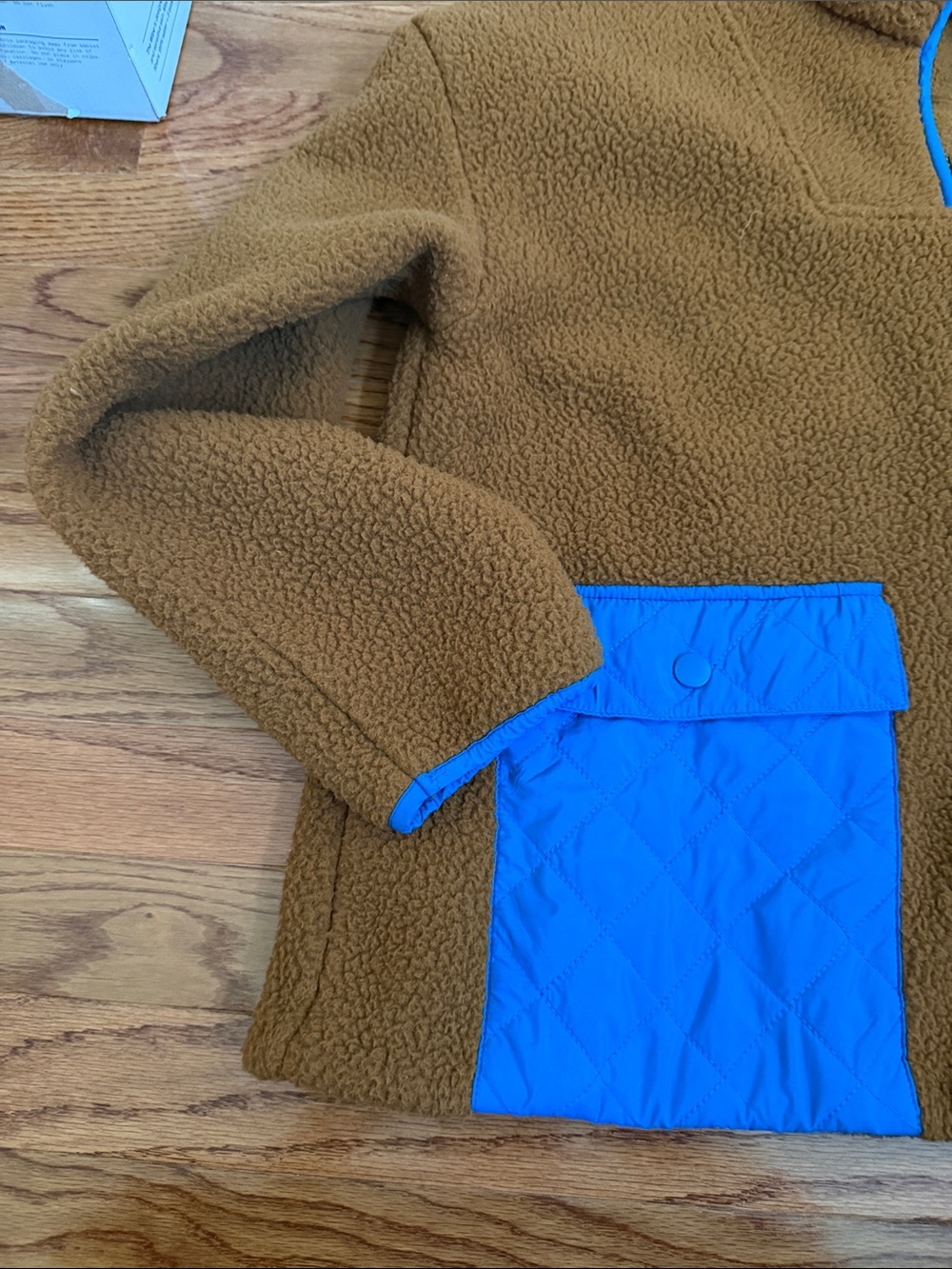Madewell Brown Sherpa Pullover with Bright Blue Pocket Accents - Picture 2 of 3